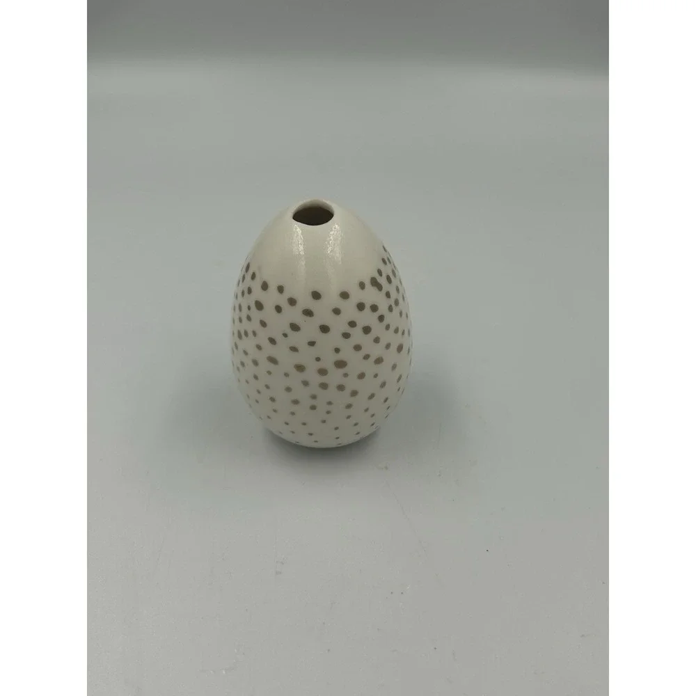 Ceramic Polka Dot Egg-Shaped Bud Vase, White/Beige, Glossy Finish, 3 in